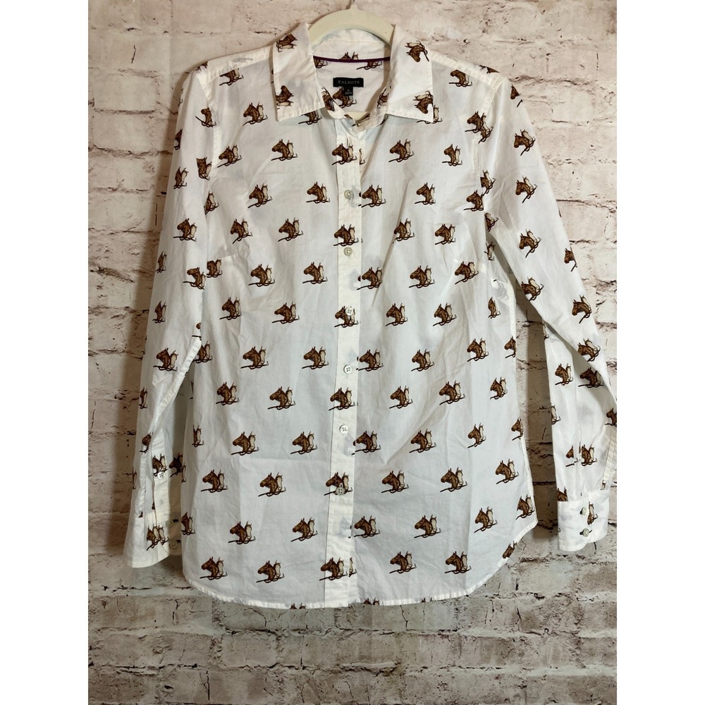 Talbots White Button-Down Shirt with Brown Horse Print